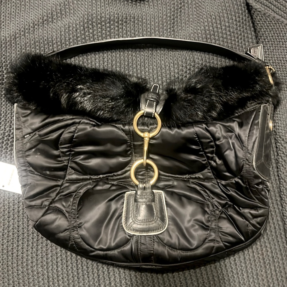 COACH Rabbit Fur Trimmed Quilted Boho Shoulder Bag